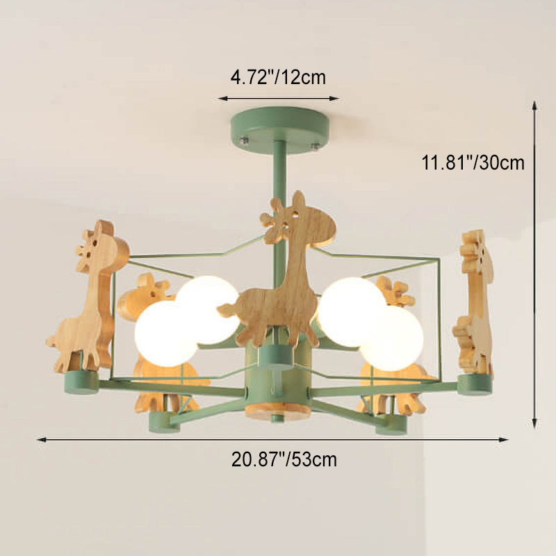 Scandinavian Modern Childlike Giraffe Diamond Pentagram Windmill Iron Wood Glass 4/5 Light Semi-Flush Mount Ceiling Light Cuvalon