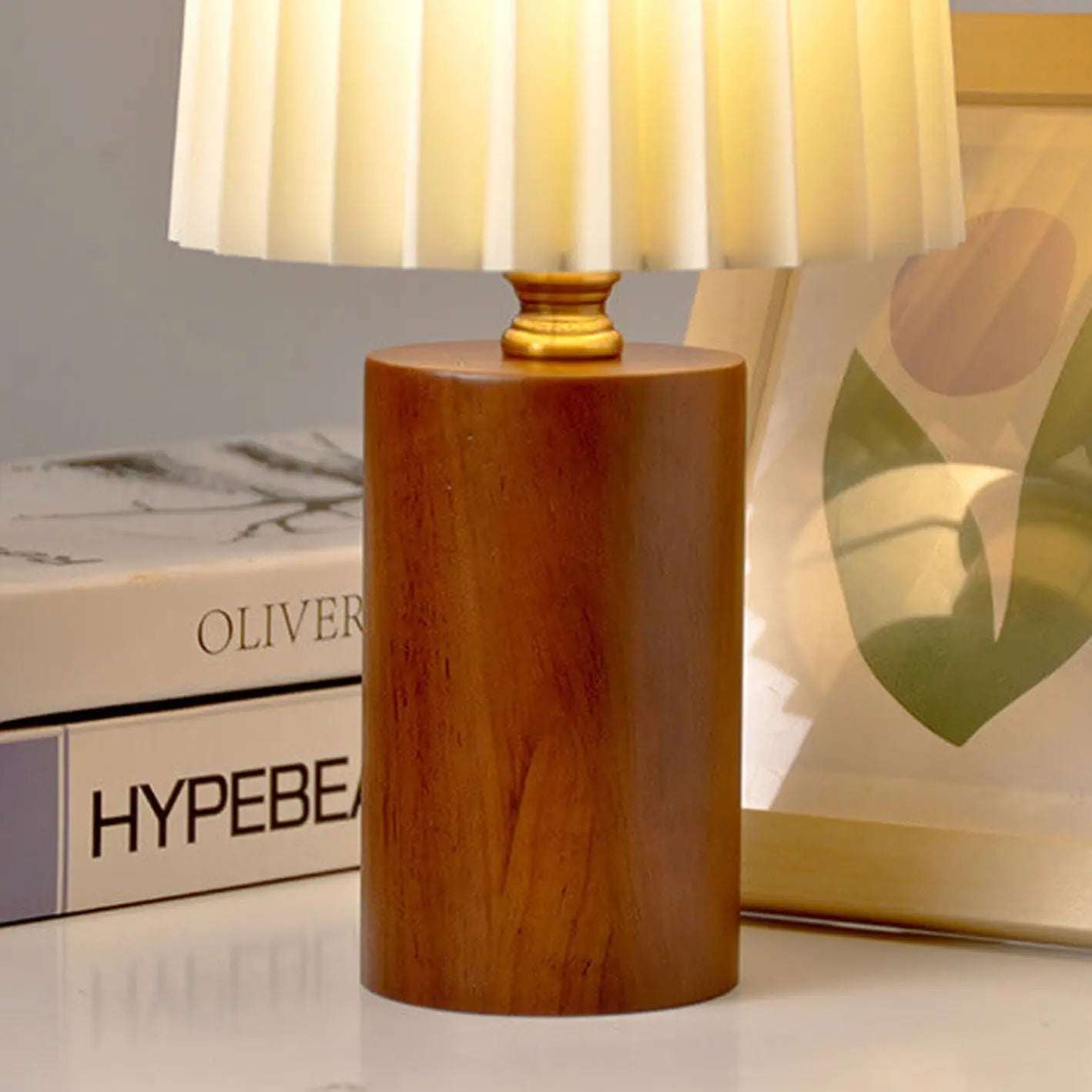 Vintage Korean Pleated Column Solid Wood Base 1-Light Table Lamp Cuvalon