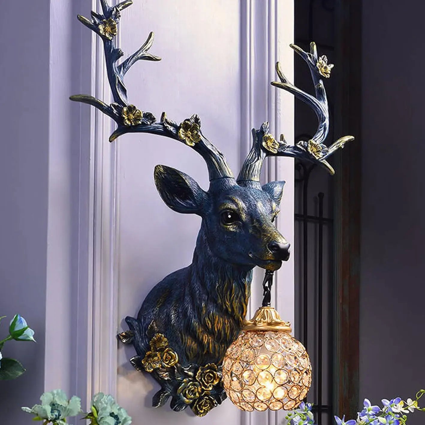 Retro Creative Fortune Deer Head Resin 1-Light Wall Sconce Lamp Cuvalon