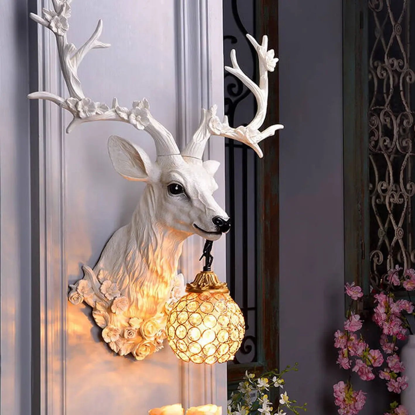 Retro Creative Fortune Deer Head Resin 1-Light Wall Sconce Lamp Cuvalon