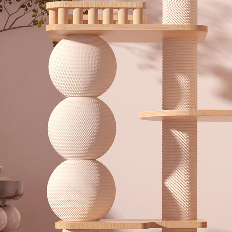 Contemporary Scandinavian Rectangular Rubberwood Plywood Pine Wood Pillar Velvet Fabric Hemp Rope Acrylic Cat Tree 3-Condo 5-Perch For Bedroom Cuvalon