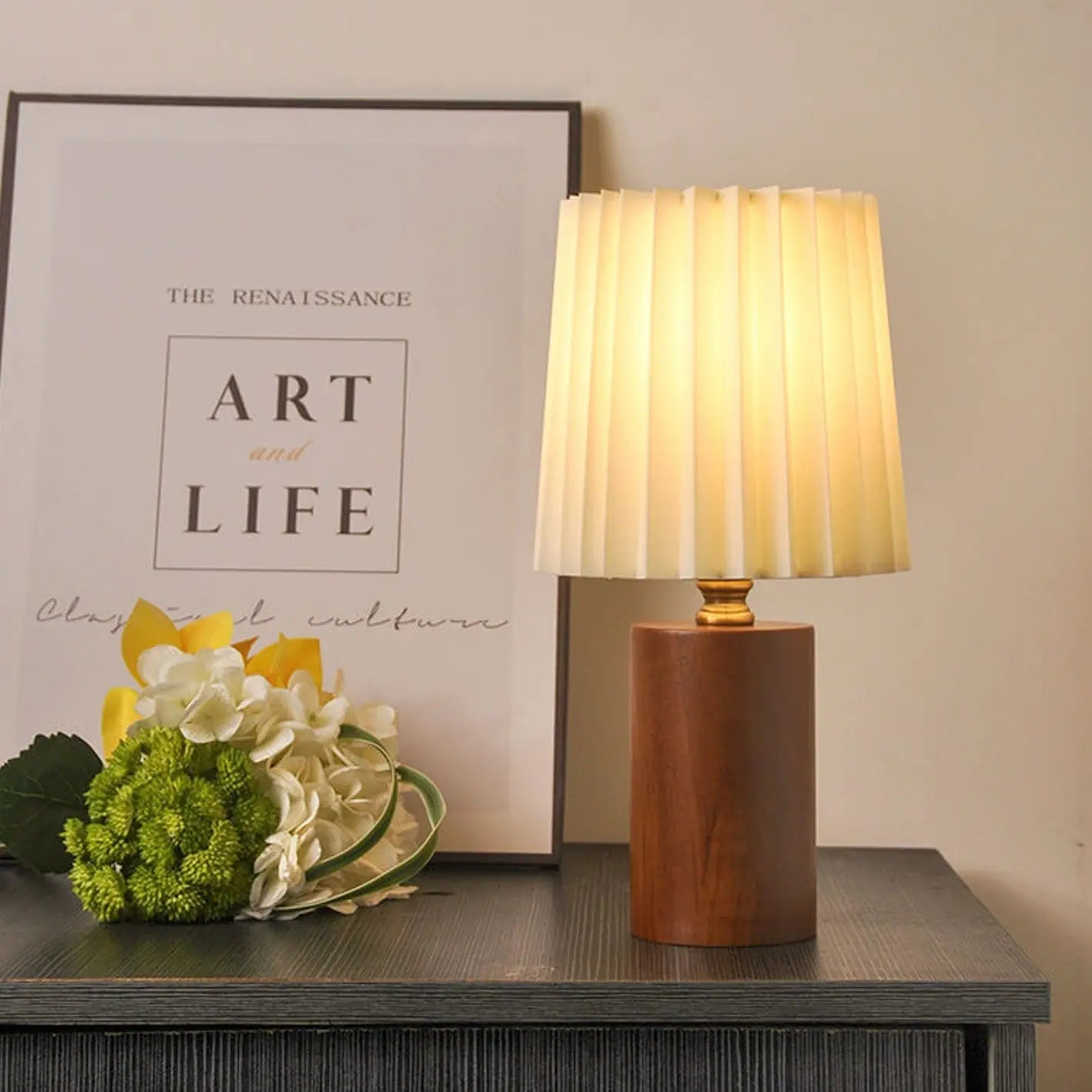 Vintage Korean Pleated Column Solid Wood Base 1-Light Table Lamp Cuvalon