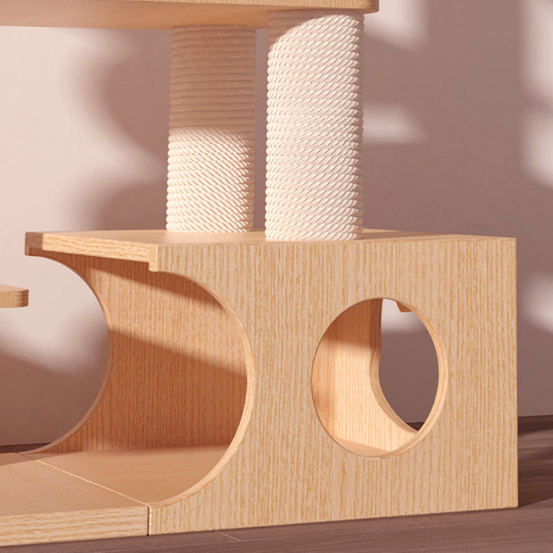 Contemporary Scandinavian Rectangular Rubberwood Plywood Pine Wood Pillar Velvet Fabric Hemp Rope Acrylic Cat Tree 3-Condo 5-Perch For Bedroom Cuvalon