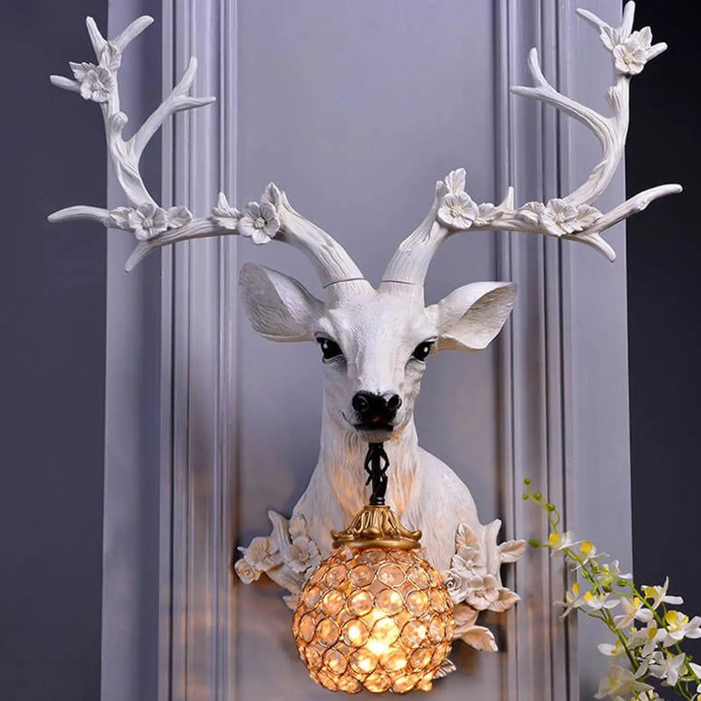 Retro Creative Fortune Deer Head Resin 1-Light Wall Sconce Lamp Cuvalon