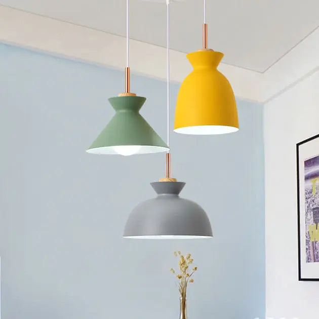 Contemporary Nordic Oak Wood Iron Bell Cone Dome 1-Light Pendant Light For Living Room Cuvalon