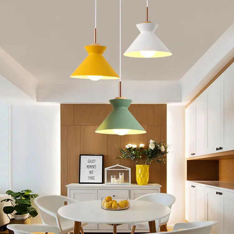 Contemporary Nordic Oak Wood Iron Bell Cone Dome 1-Light Pendant Light For Living Room Cuvalon