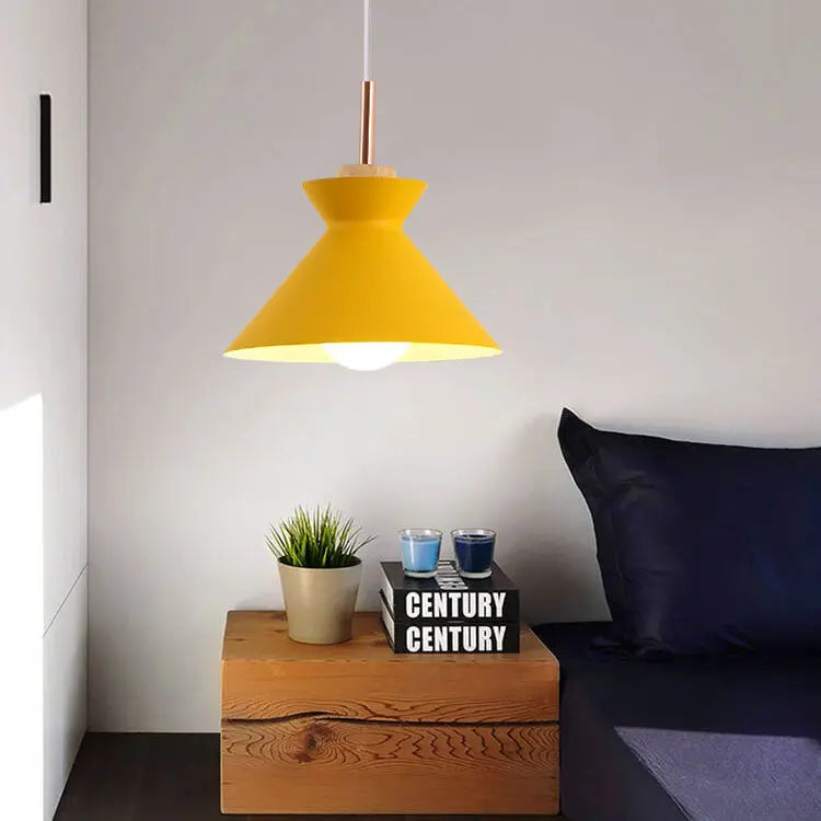 Contemporary Nordic Oak Wood Iron Bell Cone Dome 1-Light Pendant Light For Living Room Cuvalon