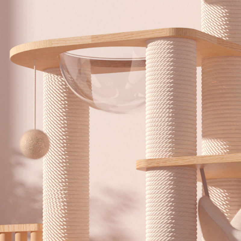 Contemporary Scandinavian Rectangular Rubberwood Plywood Pine Wood Pillar Velvet Fabric Hemp Rope Acrylic Cat Tree 3-Condo 5-Perch For Bedroom Cuvalon