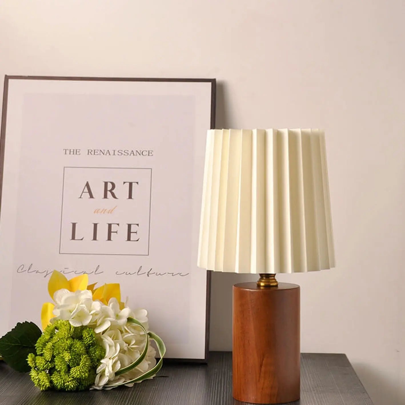 Vintage Korean Pleated Column Solid Wood Base 1-Light Table Lamp Cuvalon