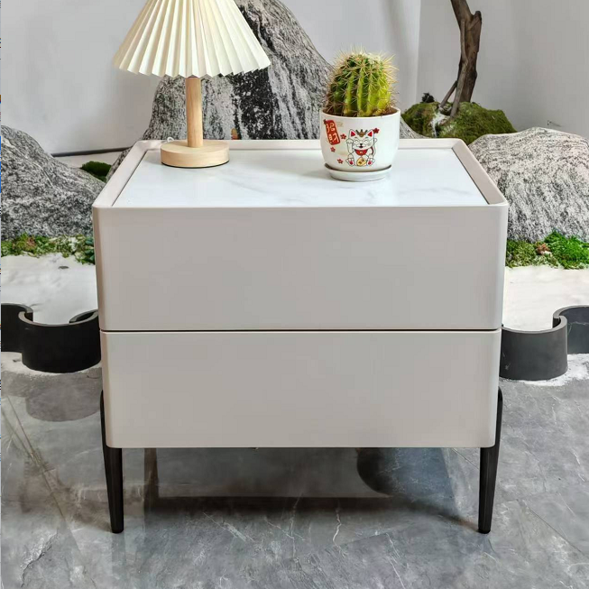 Contemporary Scandinavian Square Cream White 2-Drawer Storage Nightstand - Stone Slab Top Bedside Table For Bedroom Cuvalon