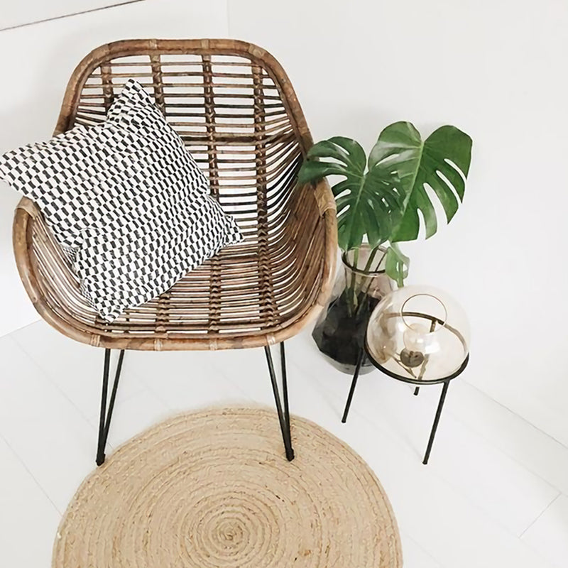 Contemporary Nordic Handwoven Natural Rattan Lounge Chair - Accent Chair With Ergonomic Backrest & Iron Base For Indoor & Outdoor Living Cuvalon