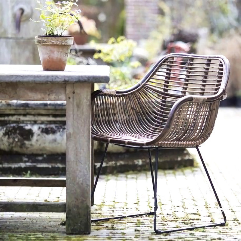 Contemporary Nordic Handwoven Natural Rattan Lounge Chair - Accent Chair With Ergonomic Backrest & Iron Base For Indoor & Outdoor Living Cuvalon