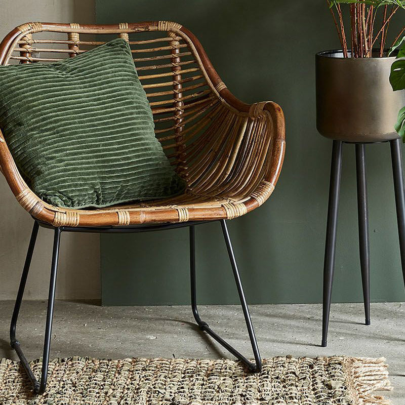 Contemporary Nordic Handwoven Natural Rattan Lounge Chair - Accent Chair With Ergonomic Backrest & Iron Base For Indoor & Outdoor Living Cuvalon