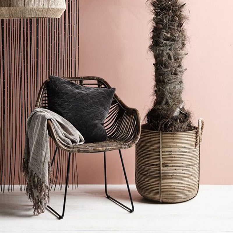 Contemporary Nordic Handwoven Natural Rattan Lounge Chair - Accent Chair With Ergonomic Backrest & Iron Base For Indoor & Outdoor Living Cuvalon