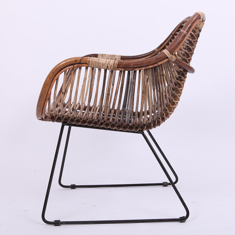 Contemporary Nordic Handwoven Natural Rattan Lounge Chair - Accent Chair With Ergonomic Backrest & Iron Base For Indoor & Outdoor Living Cuvalon