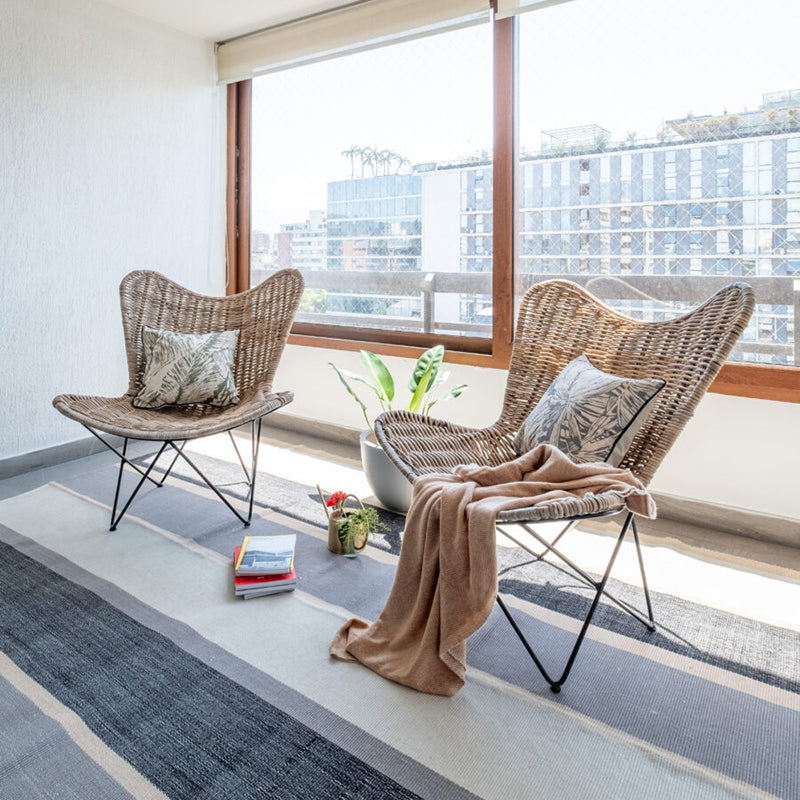 Contemporary Scandinavian Handwoven Rattan Lounge Chair - Accent Chair With Ergonomic Backrest & Iron Base For Boutique Indoor & Outdoor Spaces Cuvalon