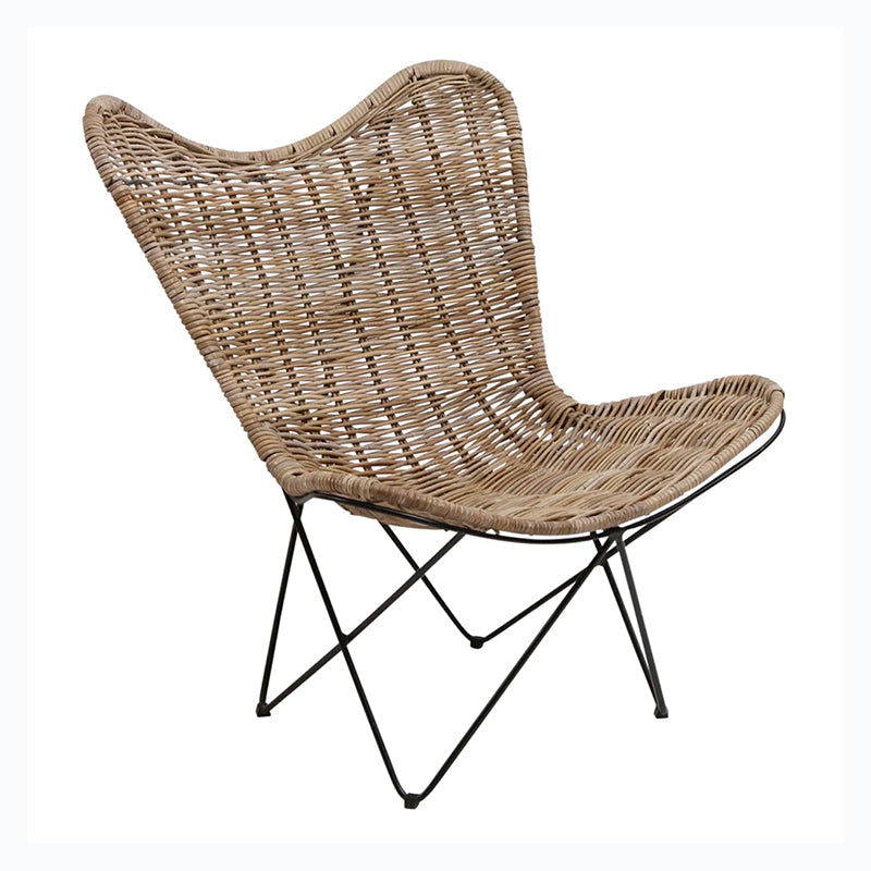 Contemporary Scandinavian Handwoven Rattan Lounge Chair - Accent Chair With Ergonomic Backrest & Iron Base For Boutique Indoor & Outdoor Spaces Cuvalon