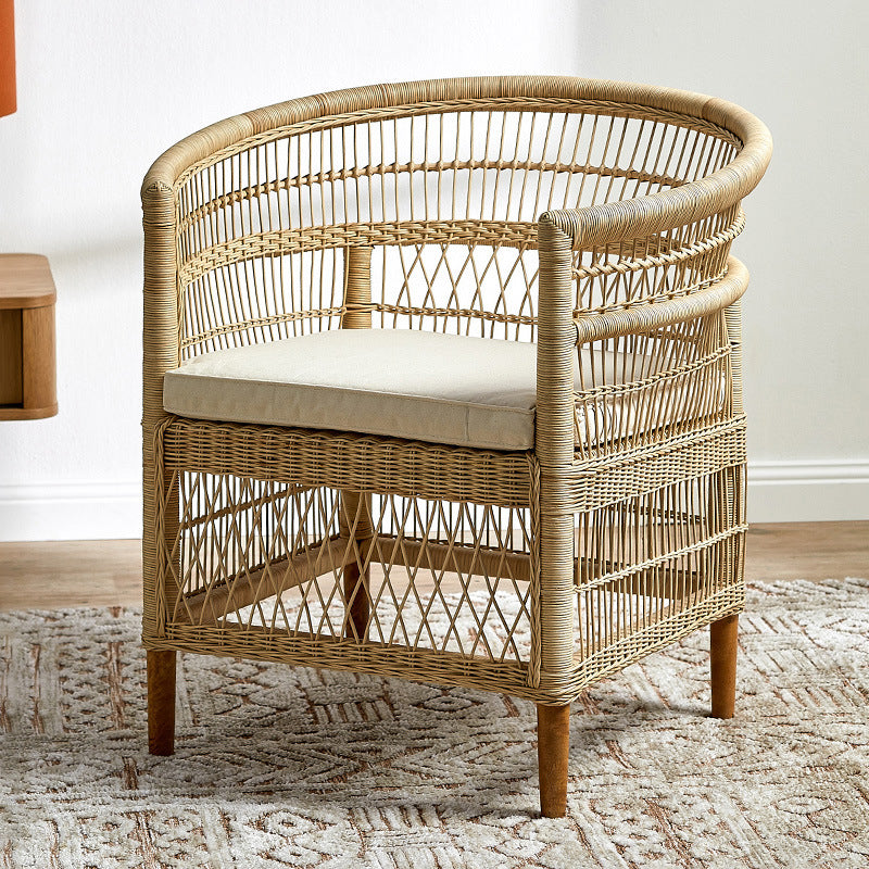 Contemporary Nordic Handwoven Natural Rattan Accent Chair With Round Backrest - Breathable Indoor & Outdoor Lounge Chair For Balcony & Garden Cuvalon