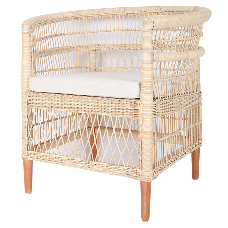 Contemporary Nordic Handwoven Natural Rattan Accent Chair With Round Backrest - Breathable Indoor & Outdoor Lounge Chair For Balcony & Garden Cuvalon