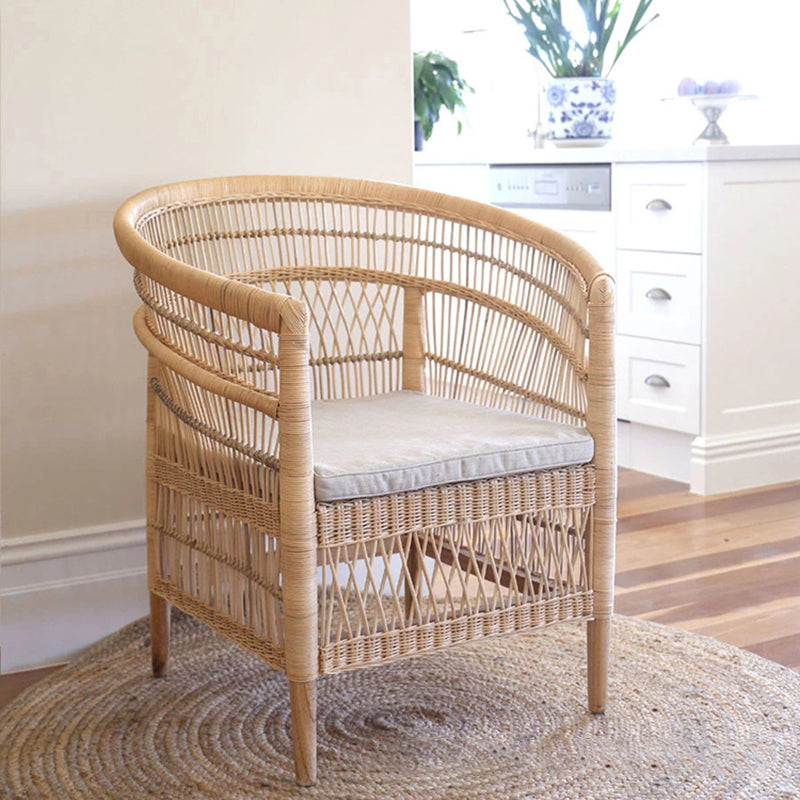 Contemporary Nordic Handwoven Natural Rattan Accent Chair With Round Backrest - Breathable Indoor & Outdoor Lounge Chair For Balcony & Garden Cuvalon