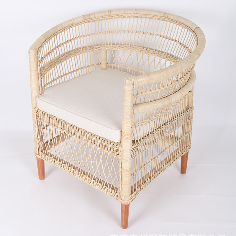 Contemporary Nordic Handwoven Natural Rattan Accent Chair With Round Backrest - Breathable Indoor & Outdoor Lounge Chair For Balcony & Garden Cuvalon