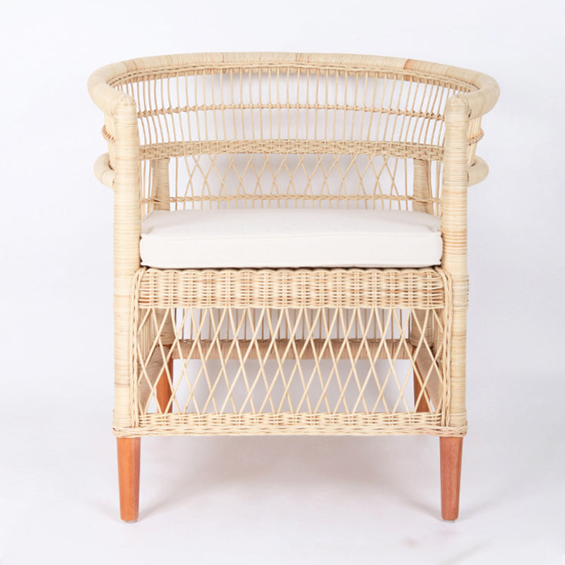 Contemporary Nordic Handwoven Natural Rattan Accent Chair With Round Backrest - Breathable Indoor & Outdoor Lounge Chair For Balcony & Garden Cuvalon