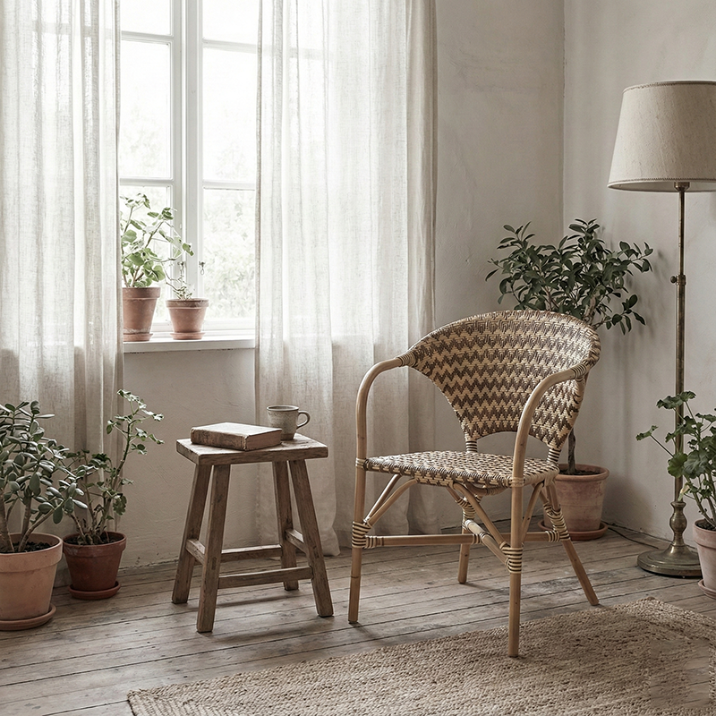 Contemporary Nordic Indonesian Natural Rattan Weaving Dining Chair - Patio Chair With Wide Back & Armrests For Dining Room & Patio & Balcony Cuvalon