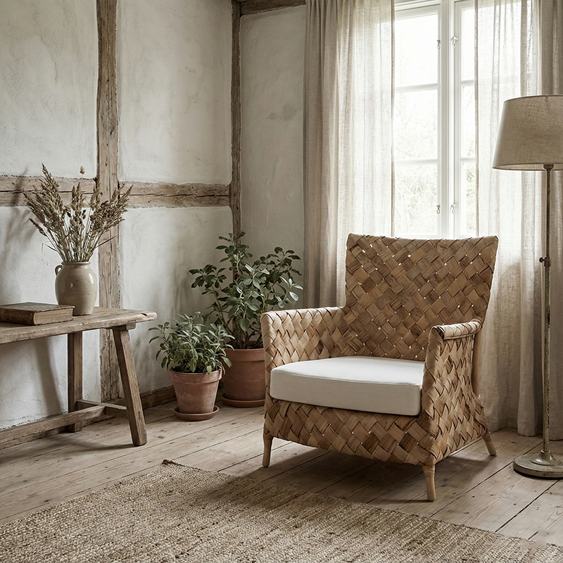 Contemporary Nordic Artisan Indonesian Natural Rattan Weaving Lounge Chair - Armchair With Thick Handwoven Texture For Living Room Cuvalon