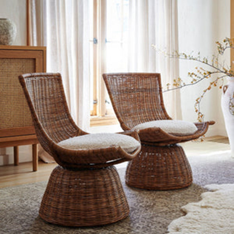 Contemporary Scandinavian Indonesian Rattan Weaving Swivel Lounge Chair - Back Chair With Handwoven Texture For Living Room Cuvalon