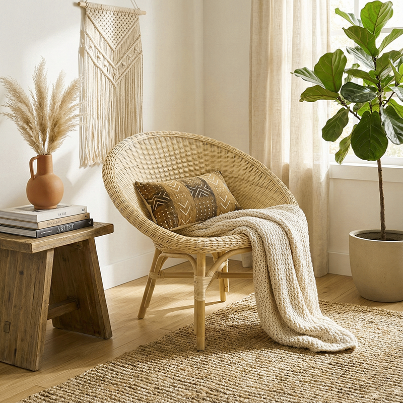 Japanese Handwoven Indonesian Rattan Weaving Accent Chair - Back Chair For Balcony & Living Room Cuvalon