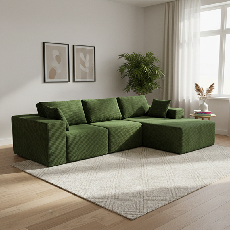 Modern Minimalist Corduroy Compression Sectional Sofa - Frame-Free High Resilience Foam Couch For Living Room Cuvalon