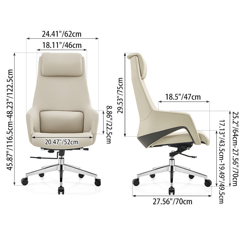 Modern Luxury Ergonomic Executive Office Chair - Adjustable Height Swivel Leather Plywood Metal Desk Chair With Wheels, Reclining Function & Aluminum Base Cuvalon