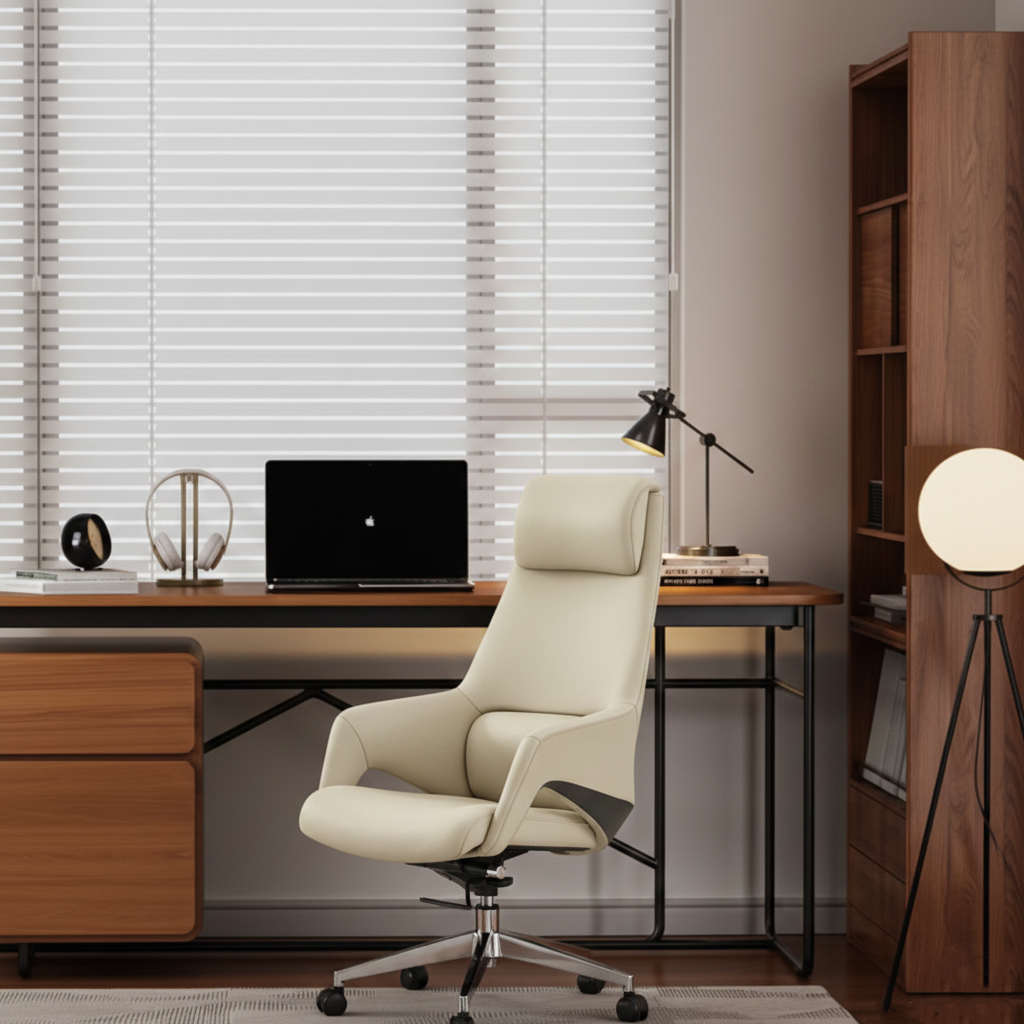 Modern Luxury Ergonomic Executive Office Chair - Adjustable Height Swivel Leather Plywood Metal Desk Chair With Wheels, Reclining Function & Aluminum Base Cuvalon