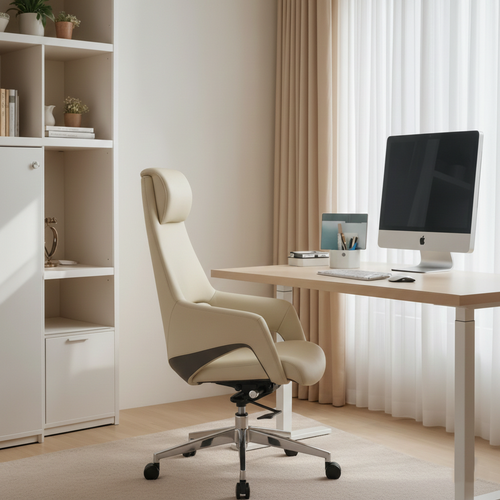 Modern Luxury Ergonomic Executive Office Chair - Adjustable Height Swivel Leather Plywood Metal Desk Chair With Wheels, Reclining Function & Aluminum Base Cuvalon