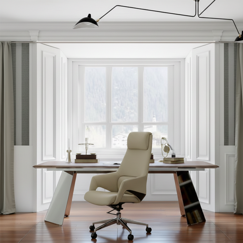 Modern Luxury Ergonomic Executive Office Chair - Adjustable Height Swivel Leather Plywood Metal Desk Chair With Wheels, Reclining Function & Aluminum Base Cuvalon