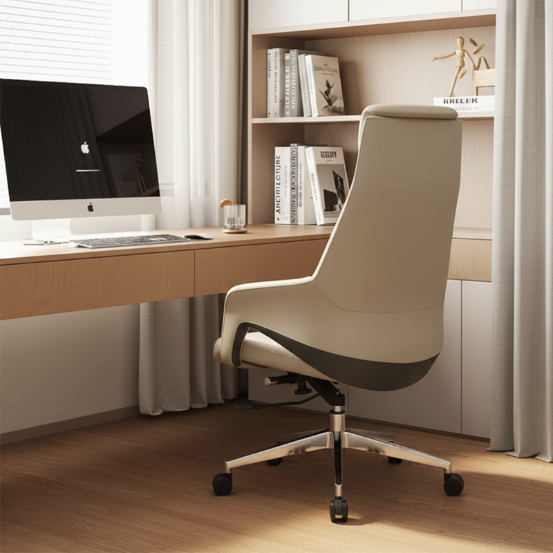 Modern Luxury Ergonomic Executive Office Chair - Adjustable Height Swivel Leather Plywood Metal Desk Chair With Wheels, Reclining Function & Aluminum Base Cuvalon