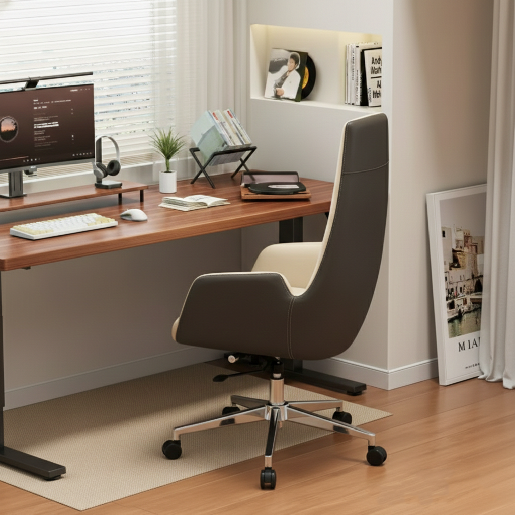 Modern Luxury Ergonomic Executive Chair - Leather Plywood Metal Office High Back Desk Chair With Adjustable Height, Swivel Wheels & Reclining Function Cuvalon
