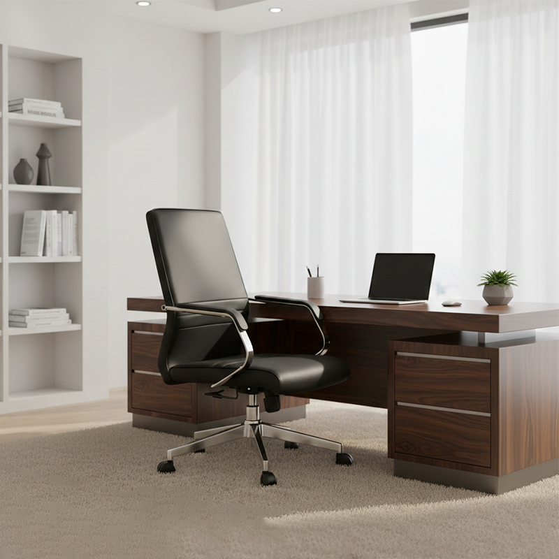 Modern Minimalist Ergonomic Mid-Back Office Chair - Adjustable Height Swivel Leather Plywood Metal Desk Chair With Wheels And Reclining Function Cuvalon