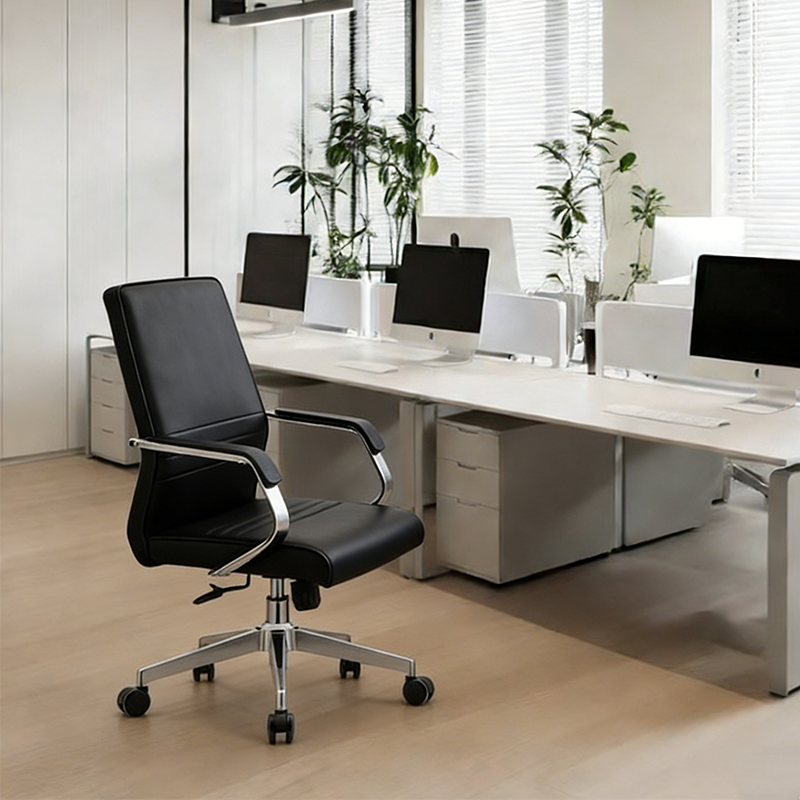 Modern Minimalist Ergonomic Mid-Back Office Chair - Adjustable Height Swivel Leather Plywood Metal Desk Chair With Wheels And Reclining Function Cuvalon