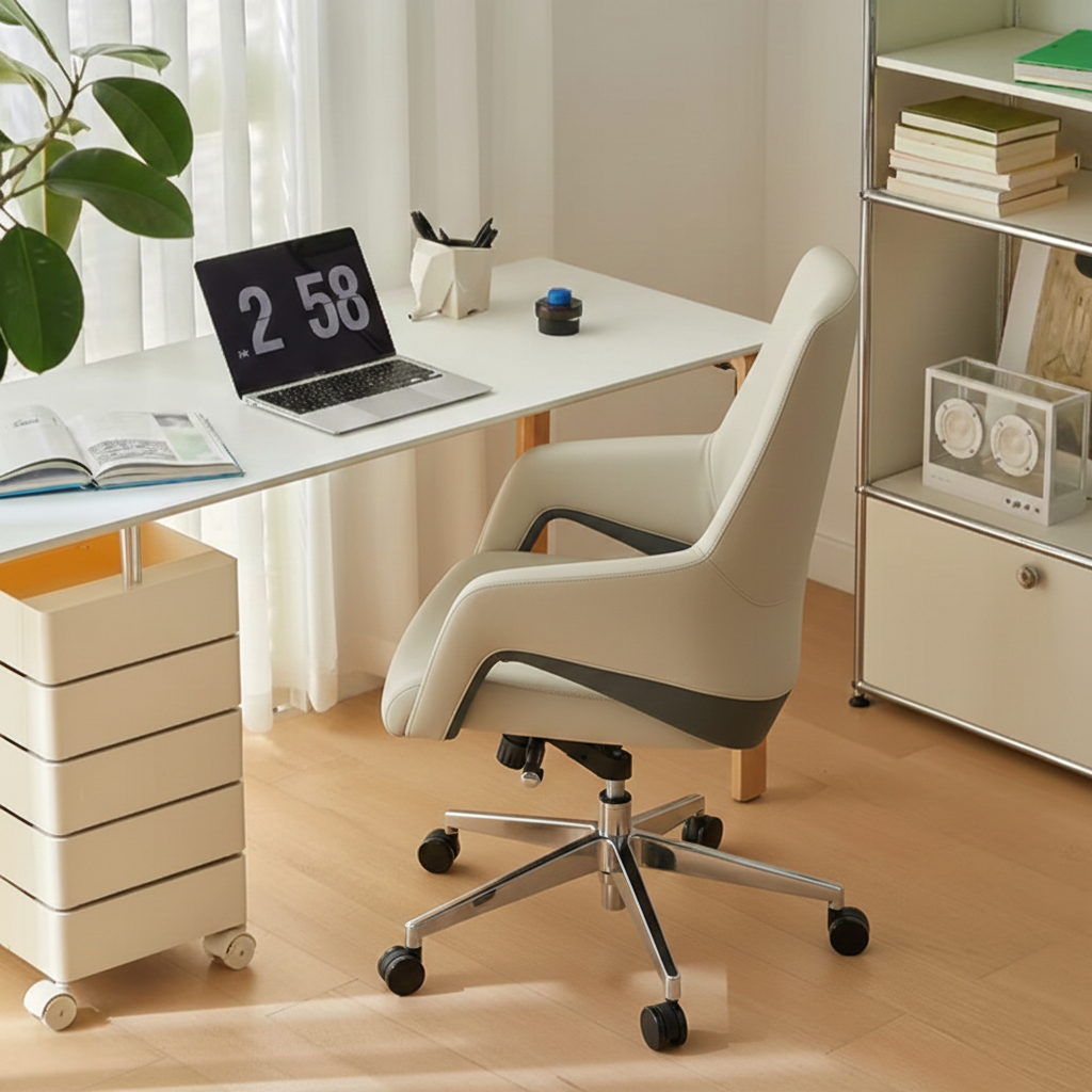 Contemporary Nordic Mid-Back Leather Plywood Metal Office Chair - Ergonomic Executive Desk Chair With Adjustable Height, Swivel Wheels & Reclining Function Cuvalon