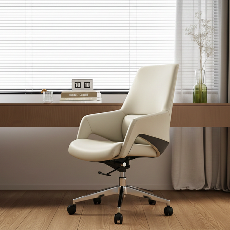 Contemporary Nordic Mid-Back Leather Plywood Metal Office Chair - Ergonomic Executive Desk Chair With Adjustable Height, Swivel Wheels & Reclining Function Cuvalon