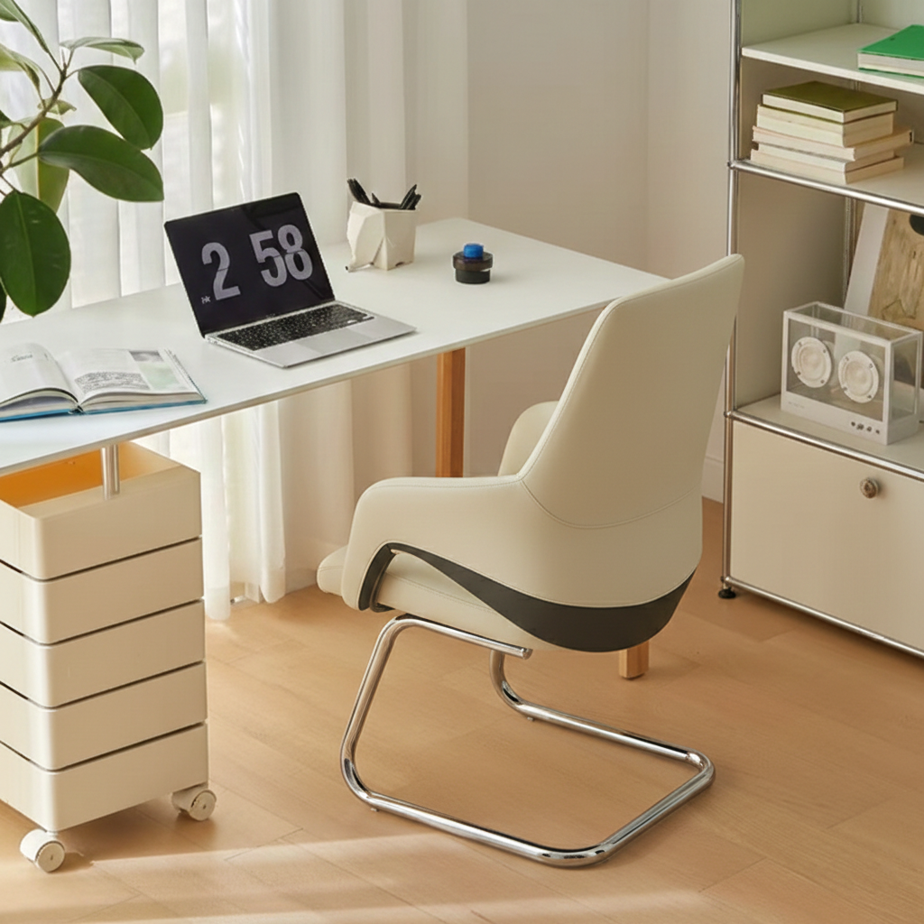 Modern Minimalist Cantilever Plywood Metal Office Chair - Ergonomic Mid-Back Leather Guest Chair For Office & Reception Cuvalon