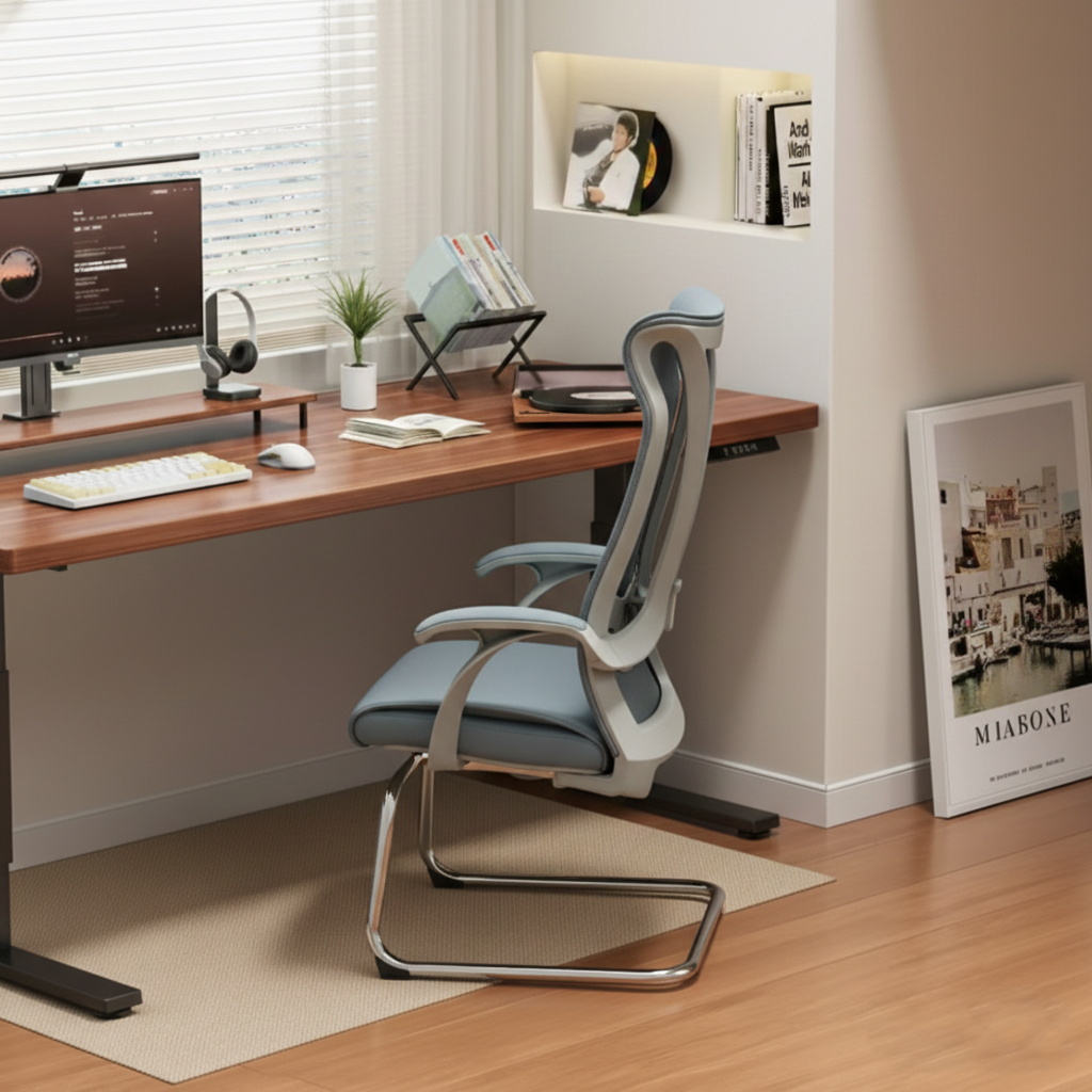 Modern Minimalist Ergonomic Leather Plywood Metal Office Chair Executive Gaming Desk Chair With Headrest Lumbar Support Cantilever Base For Home Office Set Of 2 Cuvalon