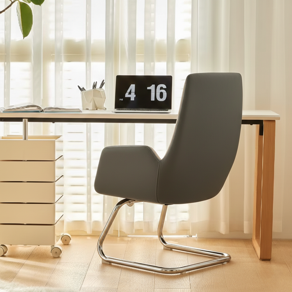 Modern Minimalist Ergonomic Mid Back Leather Plywood & Metal Office Chair - Upholstered Desk Chair With Armrests Comfortable Reception Chair For Home Office Cuvalon