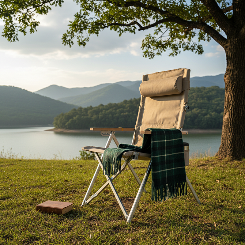 Contemporary Industrial Oxford Fabric Aluminum Alloy Carbon Steel Solid Wood Foldable Camping Chair With 5-level Adjustable Backrest For Outdoor Patio Cuvalon