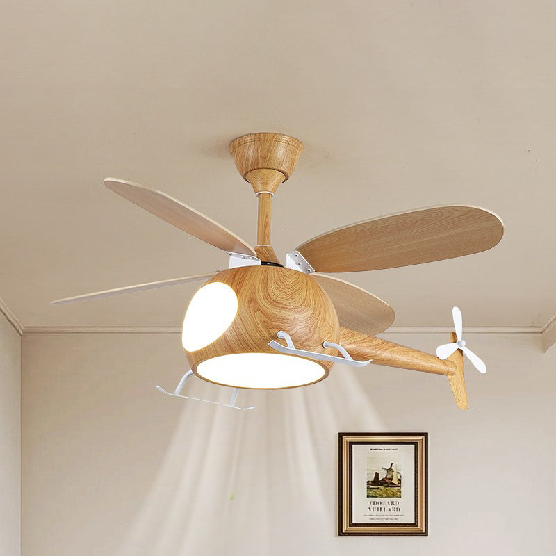 Contemporary Creative Kids Airplane-Shaped Wooden Iron Acrylic LED Downrods Ceiling Fan Light For Bedroom Cuvalon