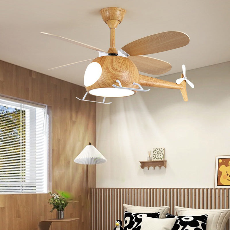 Contemporary Creative Kids Airplane-Shaped Wooden Iron Acrylic LED Downrods Ceiling Fan Light For Bedroom Cuvalon