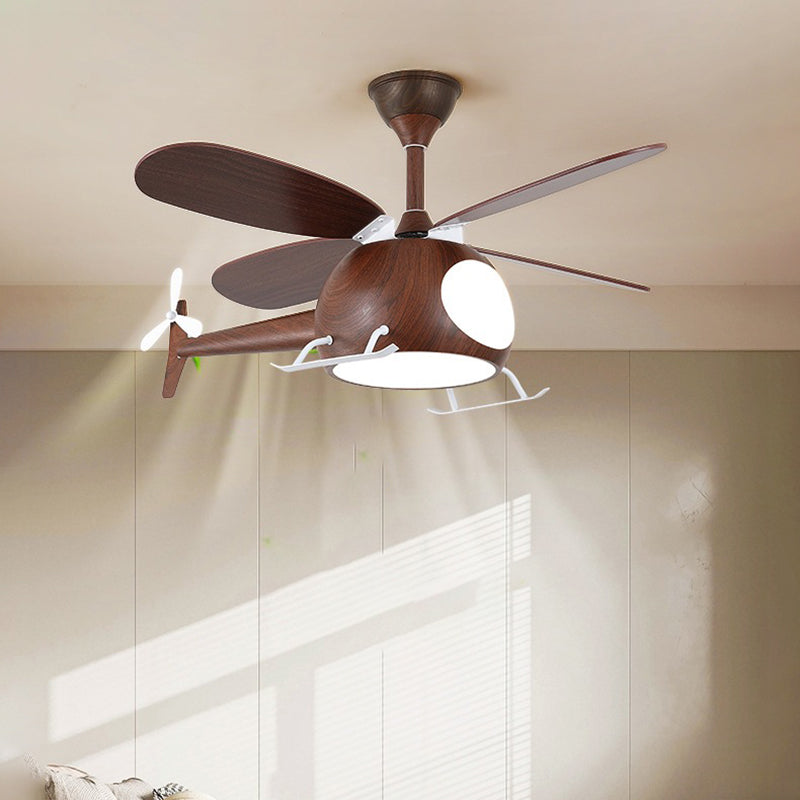 Contemporary Creative Kids Airplane-Shaped Wooden Iron Acrylic LED Downrods Ceiling Fan Light For Bedroom Cuvalon