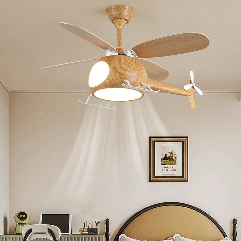 Contemporary Creative Kids Airplane-Shaped Wooden Iron Acrylic LED Downrods Ceiling Fan Light For Bedroom Cuvalon