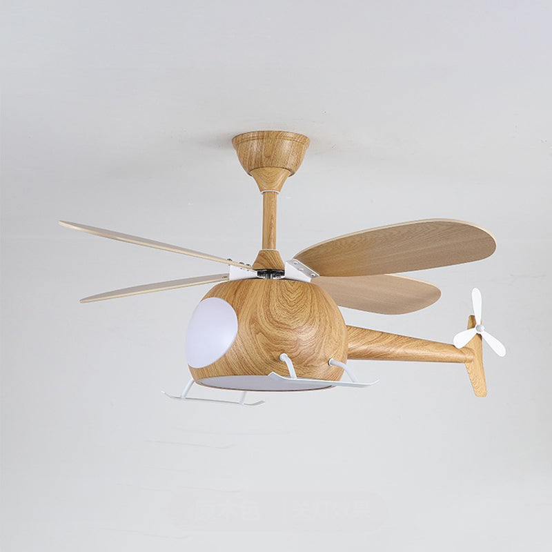 Contemporary Creative Kids Airplane-Shaped Wooden Iron Acrylic LED Downrods Ceiling Fan Light For Bedroom Cuvalon